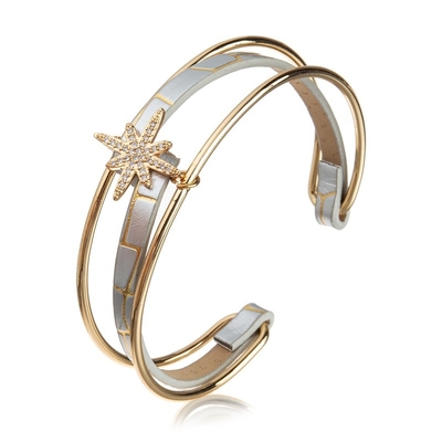 Рука шарма звезды золота циркона - сплетенный тумак кожаного Bangle открытый для женщины